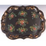 CLAY LONDON A VICTORIAN GILT AND BLACK JAPANNED PAPIER MACHE TRAY of rectangular scallop edge form