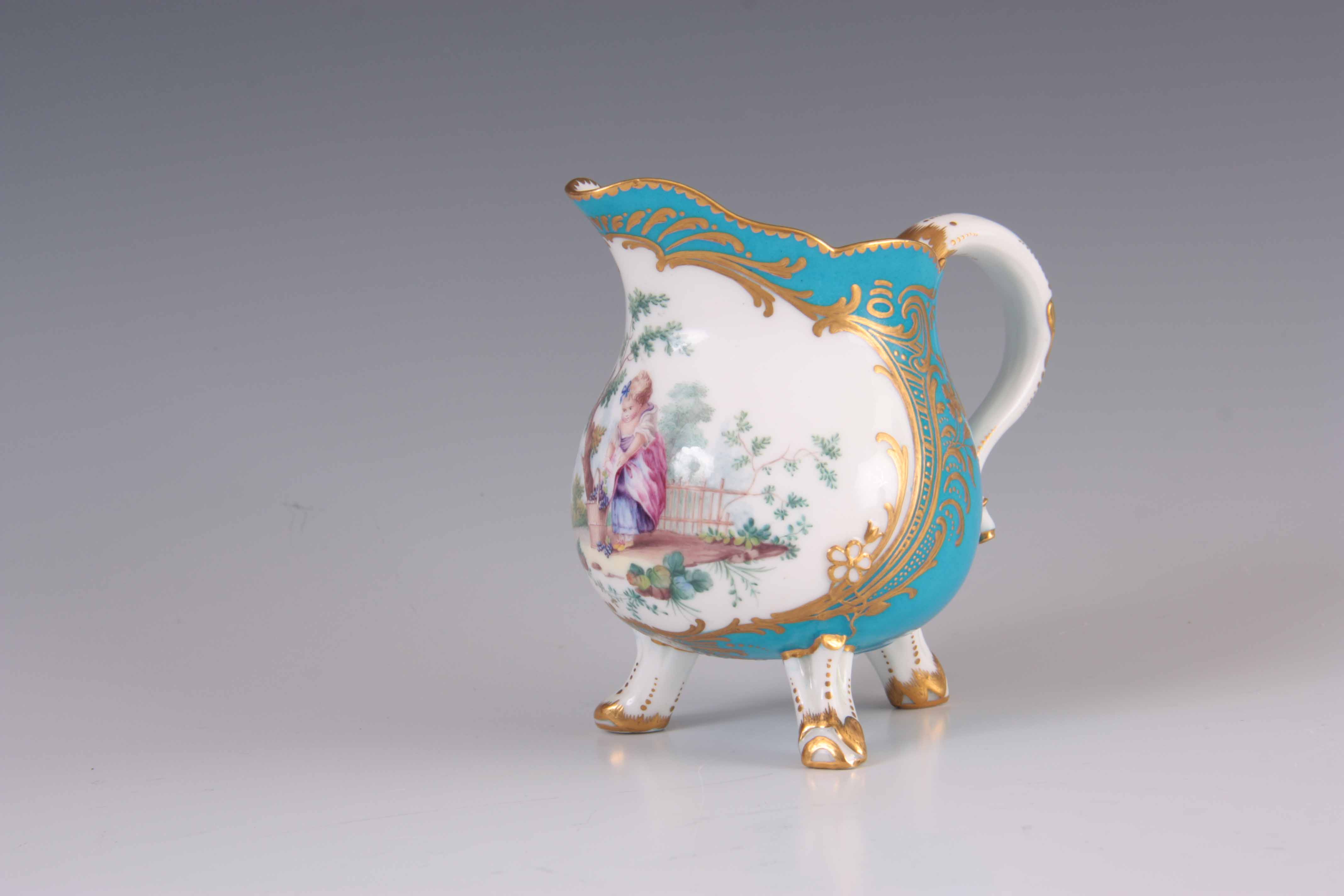 A FINE 19TH CENTURY SEVRES PORCELAIN CREAM JUG of shaped form standing on three branch work feet, - Image 6 of 7