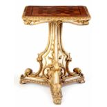A FINE REGENCY CARVED GILT GESSO AND PAINTED CENTRE TABLE with specimen marquetry inlaid chess board