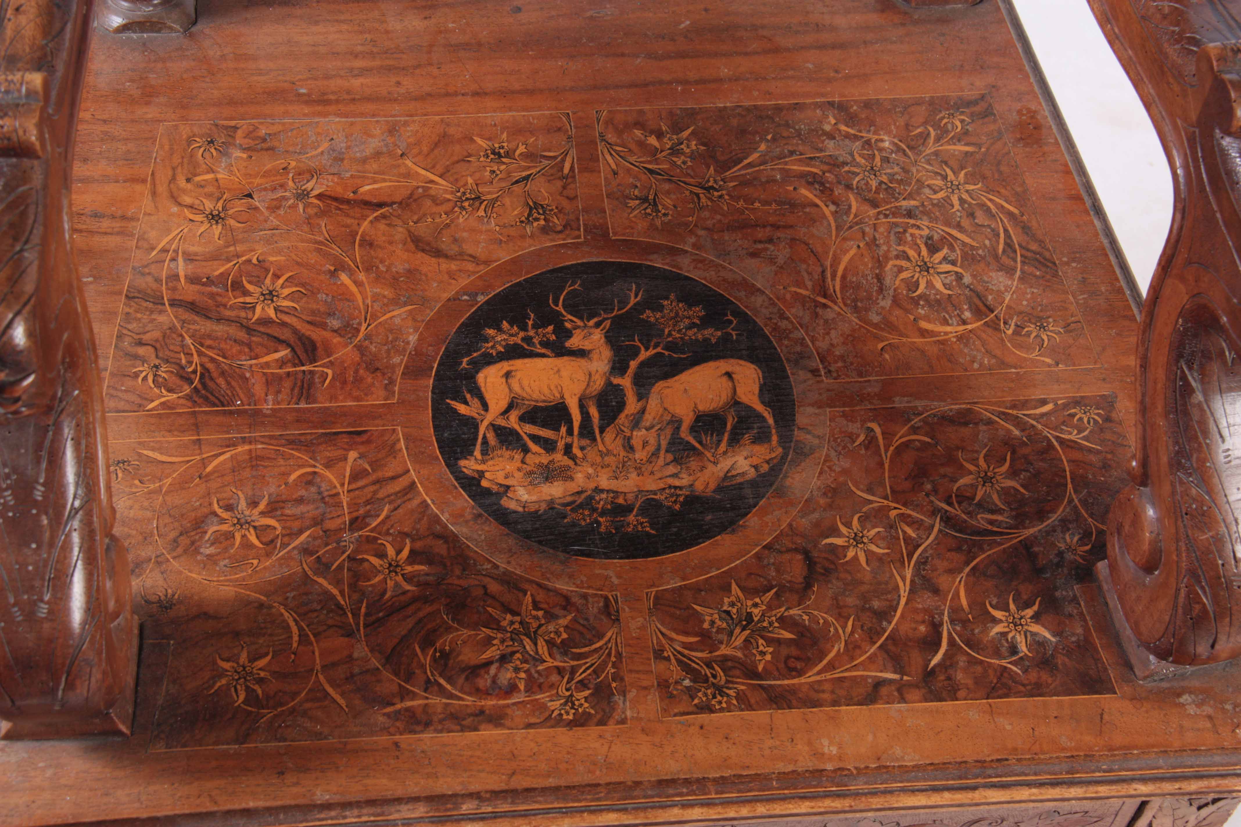 A 19TH CENTURY WALNUT BLACK FOREST MUSICAL ARMCHAIR with marquetry inlaid panels surrounded by - Image 7 of 8