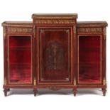 A LOUIS XVI STYLE FRENCH BRASS INLAID ORMOLU MOUNTED MAHOGANY BREAK-FRONT DISPLAY CABINET with brass