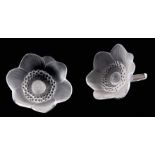 LALIQUE FRANCE, A PAIR OF 20TH CENTURY FROSTED GLASS FLOWERHEAD PAPERWEIGHTS with dotted black