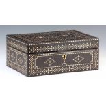 A 19TH CENTURY ANGLO CEYLONESE COROMANDEL AND IVORY INLAID WORK BOX the box decorated with plain and