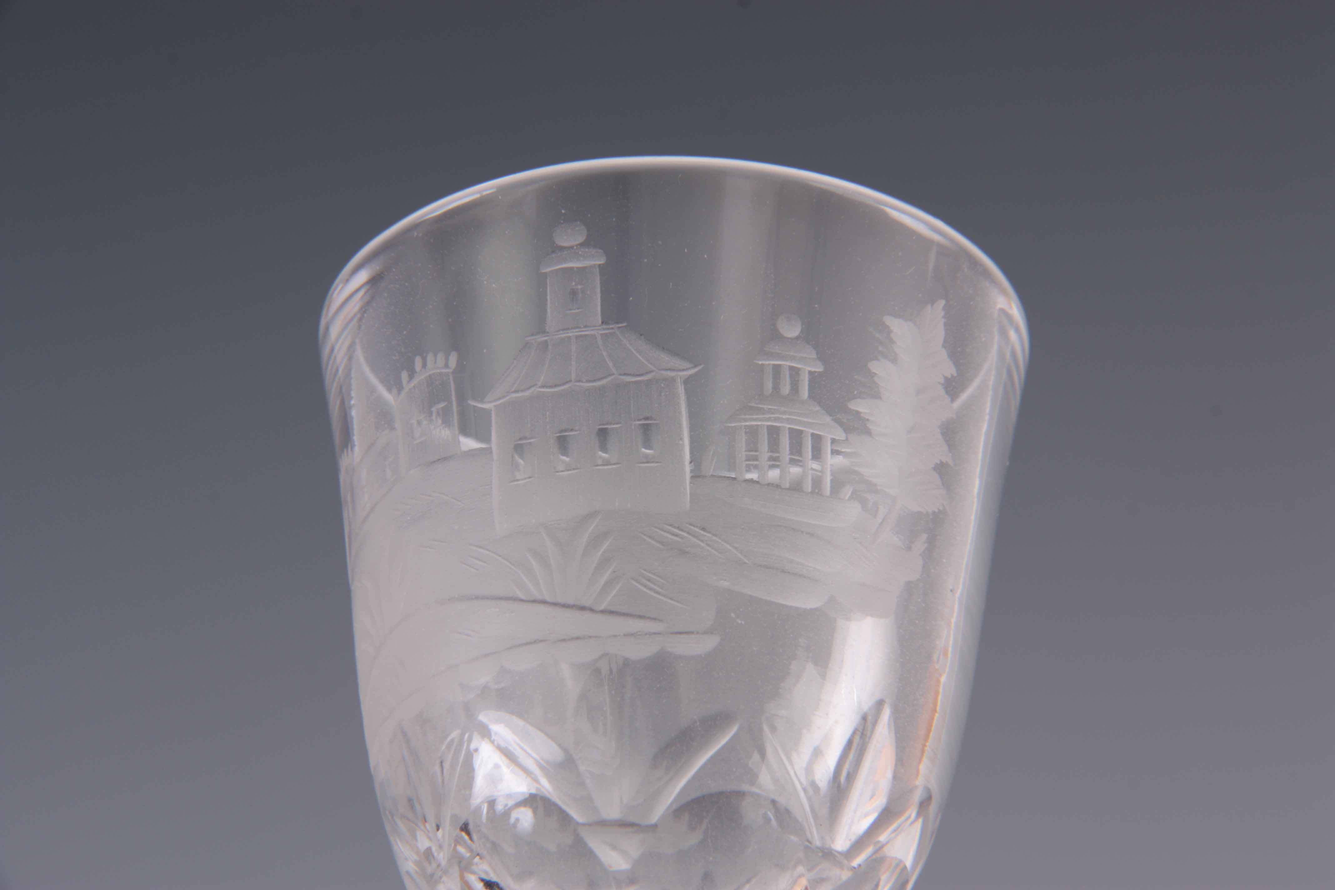 A SET OF THREE GEORGIAN ENGLISH WINE GLASSES with unusual etched scenes depicting Chinese pagodas in - Image 6 of 7