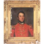 AN EARLY 19TH CENTURY OIL ON CANVAS, PORTRAIT OF A YOUNG OFFICER - mounted in a gilt swept frame