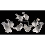 LALIQUE FRANCE, A SET OF 8 FROSTED GLASS SPARROWS - signed Lalique France 8cm high.