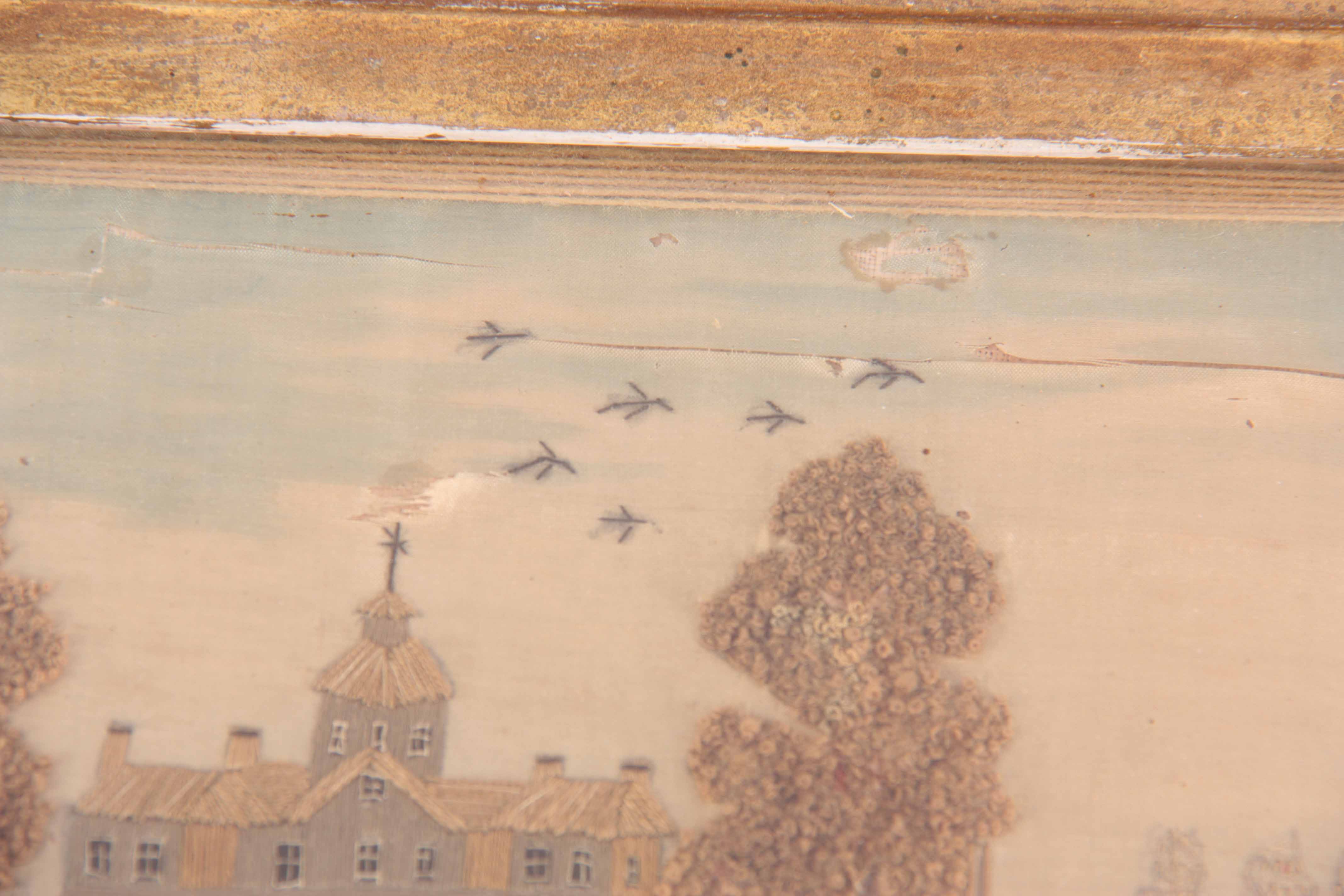 AN 18TH CENTURY STUMPWORK EMBROIDERY ON SILK depicting a large country house done in long stitch, - Image 5 of 5