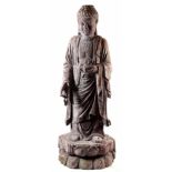A 19TH CENTURY LIFE SIZE ORIENTAL CARVED WOOD STATUE OF A BUDDHA with polychrome painted