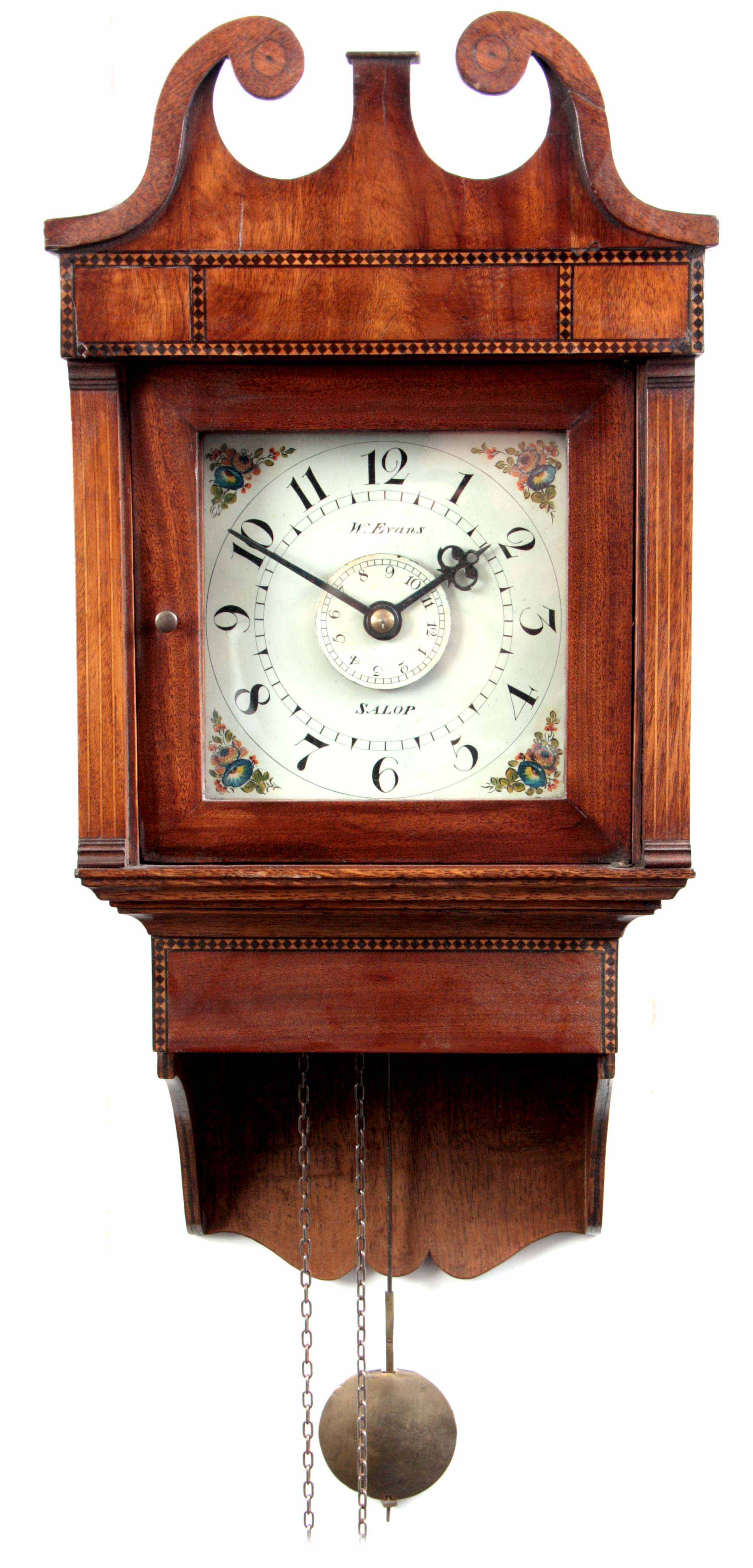 W. EVANS, SALOP. A LATE 18TH CENTURY OAK AND MAHOGANY HOODED WALL CLOCK the case having a swan