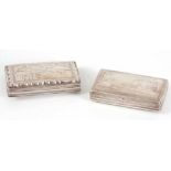 TWO 19TH CENTURY DUTCH SILVER TOBACCO BOXES engraved with rural, both 8cm high 13.5cm wide 3cm deep,