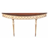 A GEORGE III ADAM STYLE DEMI LUME PAINTED CARVED GILT GESSO CONSOLE TABLE having a painted satinwood