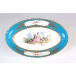 A FINE 18TH CENTURY SEVRES PORCELAIN SHALLOW OVAL DISH on a gilded celestial blue ground decorated