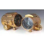 A LARGE PAIR OF FRENCH BRASS SELF GENERATING BULLSEYE HEADLAMPS having flat-arched chimneys and