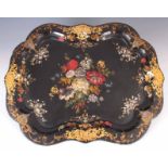 A VICTORIAN GILT AND BLACK JAPANNED PAPIER MACHE TRAY of rectangular scallop edge form with