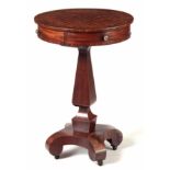 A SMALL MID 19TH CENTURY MAHOGANY CIRCULAR DRUM TABLE with chequered inlaid top above four hinged