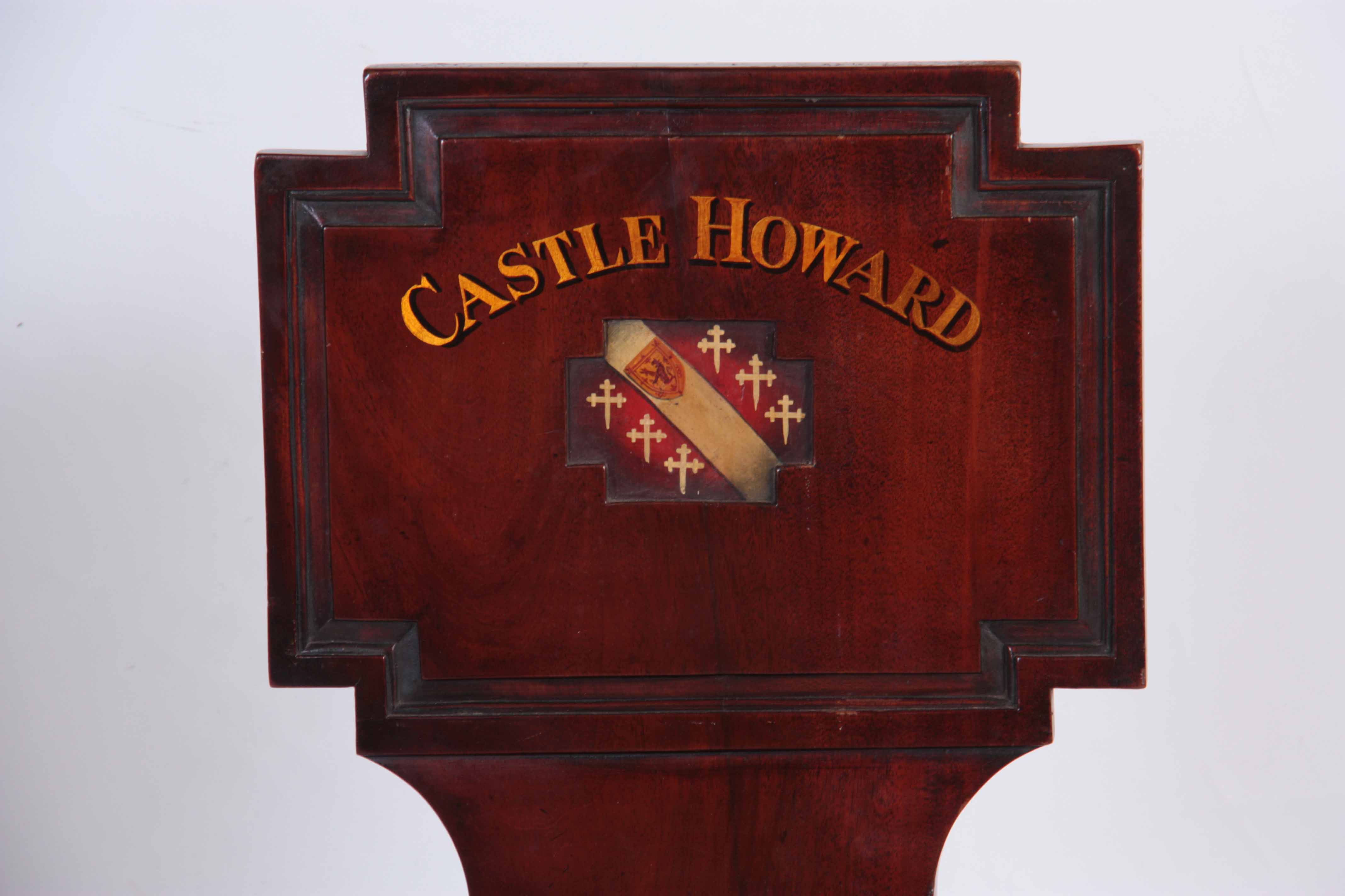 A PAIR OF LATE GEORGIAN MAHOGANY HALL CHAIRS with painted backs reading Castle Howard with coats - Image 3 of 9
