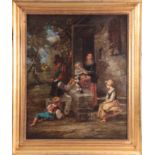 A 19TH CENTURY DUTCH OIL ON PANEL of a rural courtyard scene of a family playing with a dog