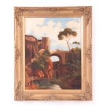 A 19TH CENTURY OIL ON CANVAS. An Italian village scene 46cm high, 36cm wide - in gilt swept frame