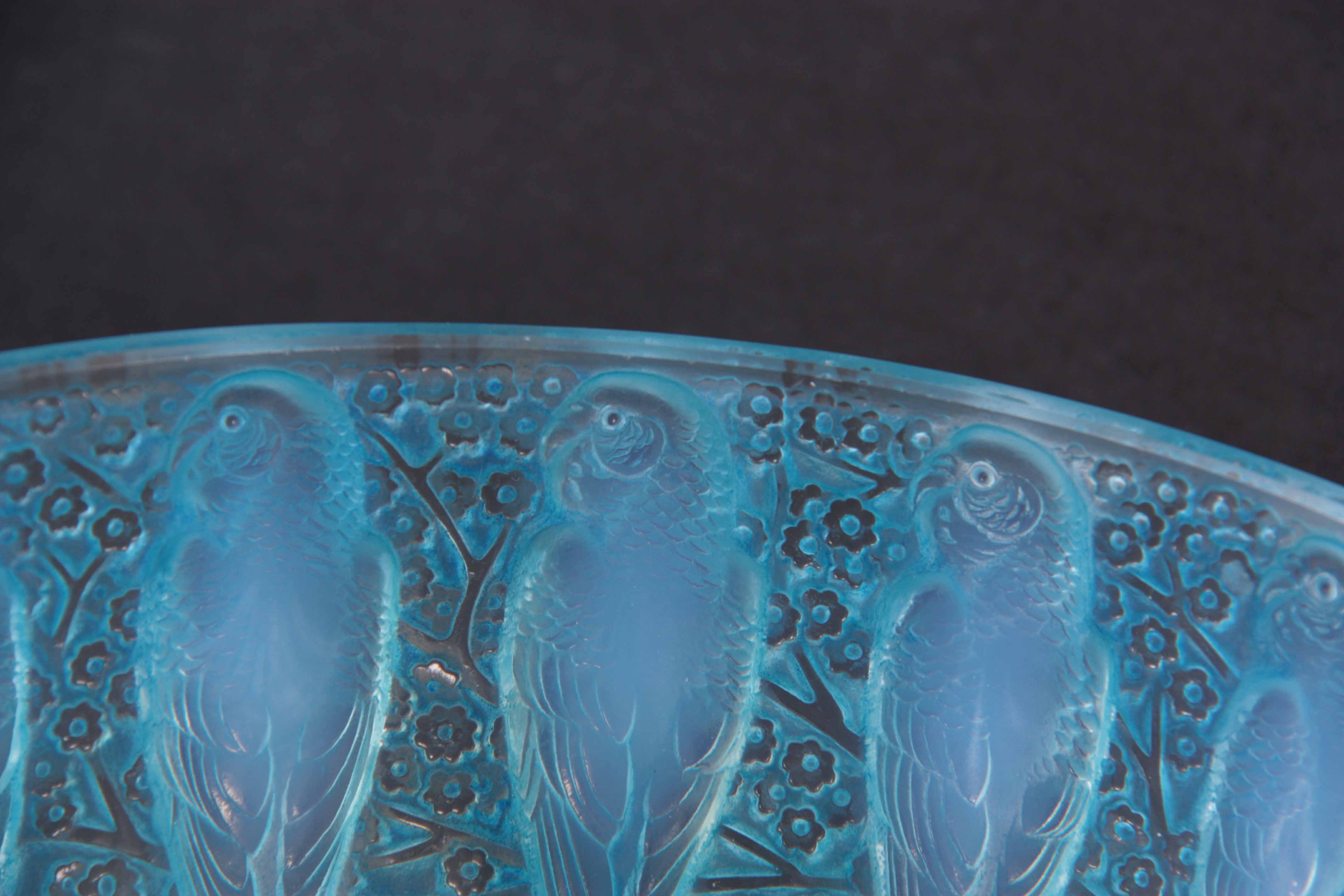 R. LALIQUE AN OPALESCENT GLASS PERRUCHES BOWL highlighted with blue staining - impressed mark R. - Image 3 of 4