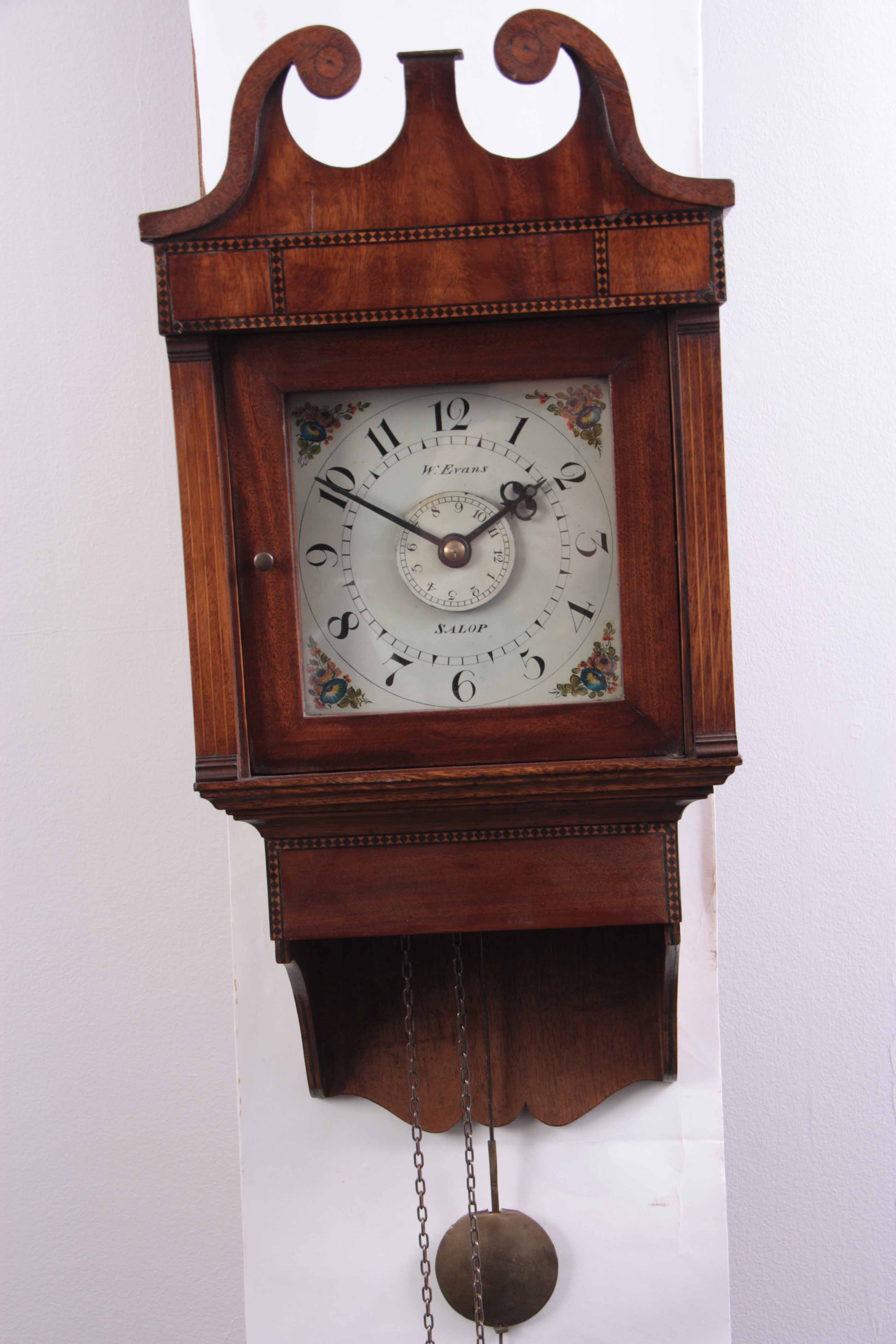 W. EVANS, SALOP. A LATE 18TH CENTURY OAK AND MAHOGANY HOODED WALL CLOCK the case having a swan - Image 6 of 10