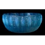 R. LALIQUE AN OPALESCENT GLASS PERRUCHES BOWL highlighted with blue staining - impressed mark R.