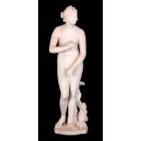 A 19TH CENTURY CARVED WHITE MARBLE NUDE FIGURE OF A YOUNG LADY mounted on a realistic base with a