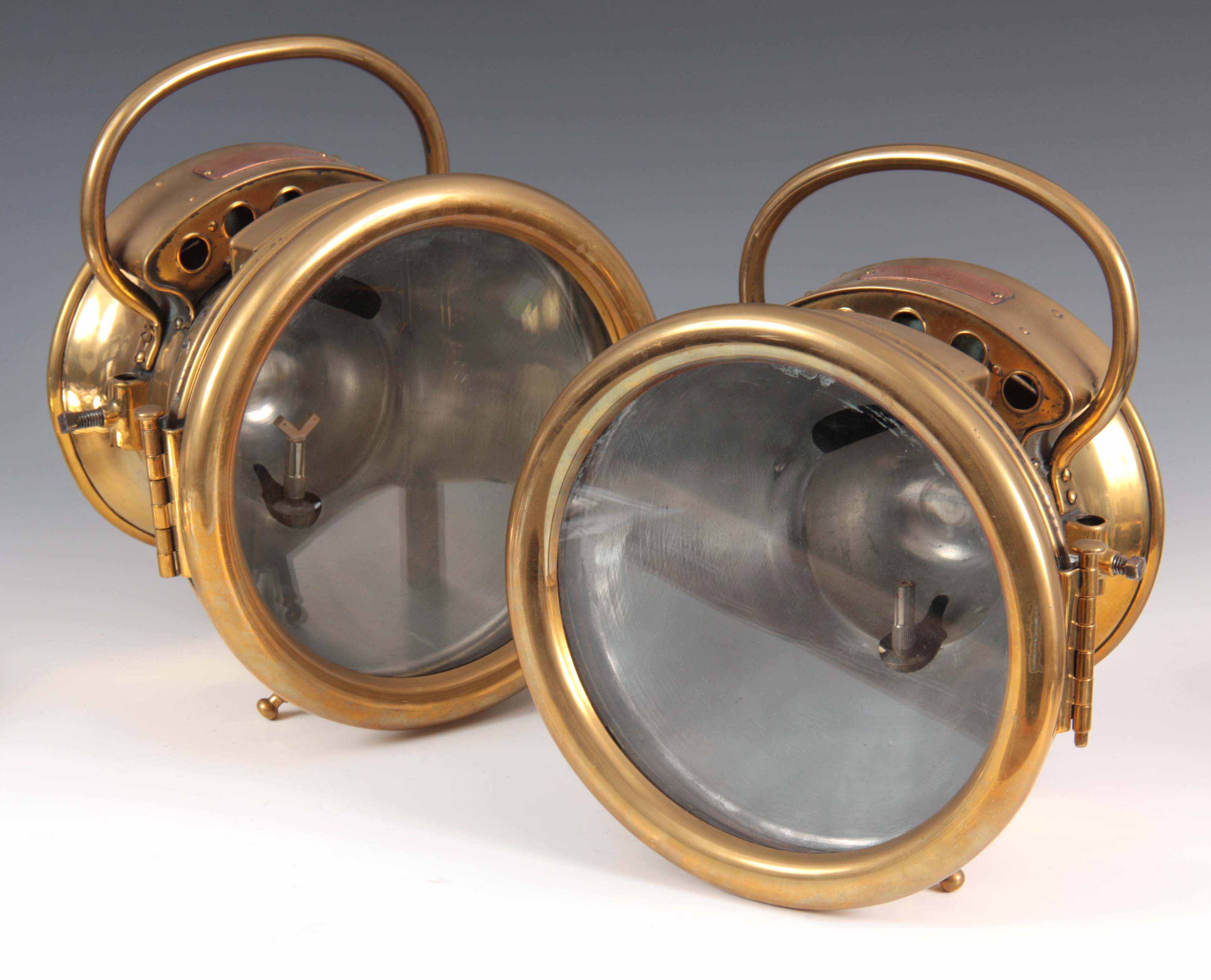 A LARGE PAIR OF 'SOLAR' PROJECTOR CAR HEADLAMPS BY BADGER BRASS MFC CO. KENOSHA WISCONSIN. USA