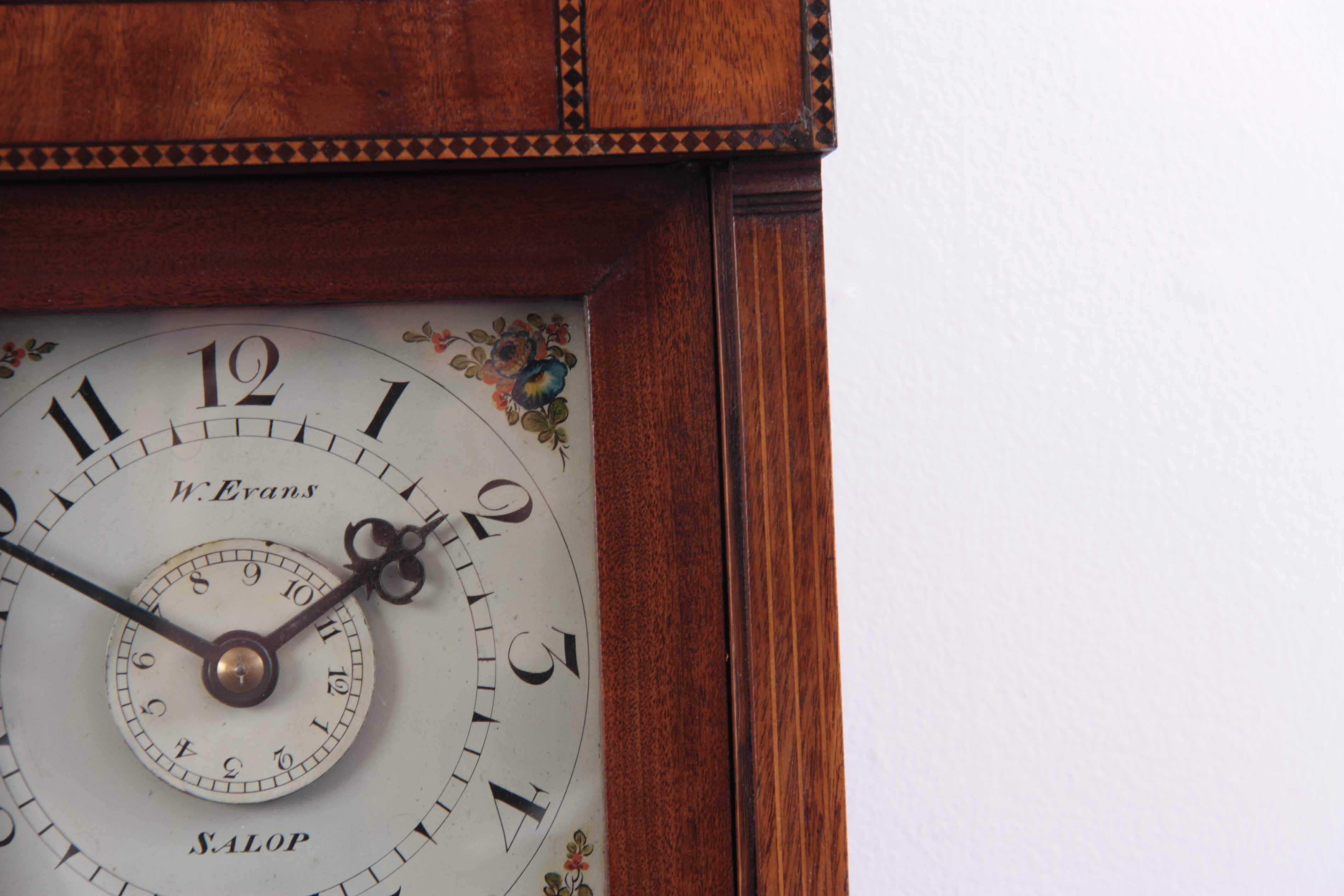 W. EVANS, SALOP. A LATE 18TH CENTURY OAK AND MAHOGANY HOODED WALL CLOCK the case having a swan - Image 8 of 10