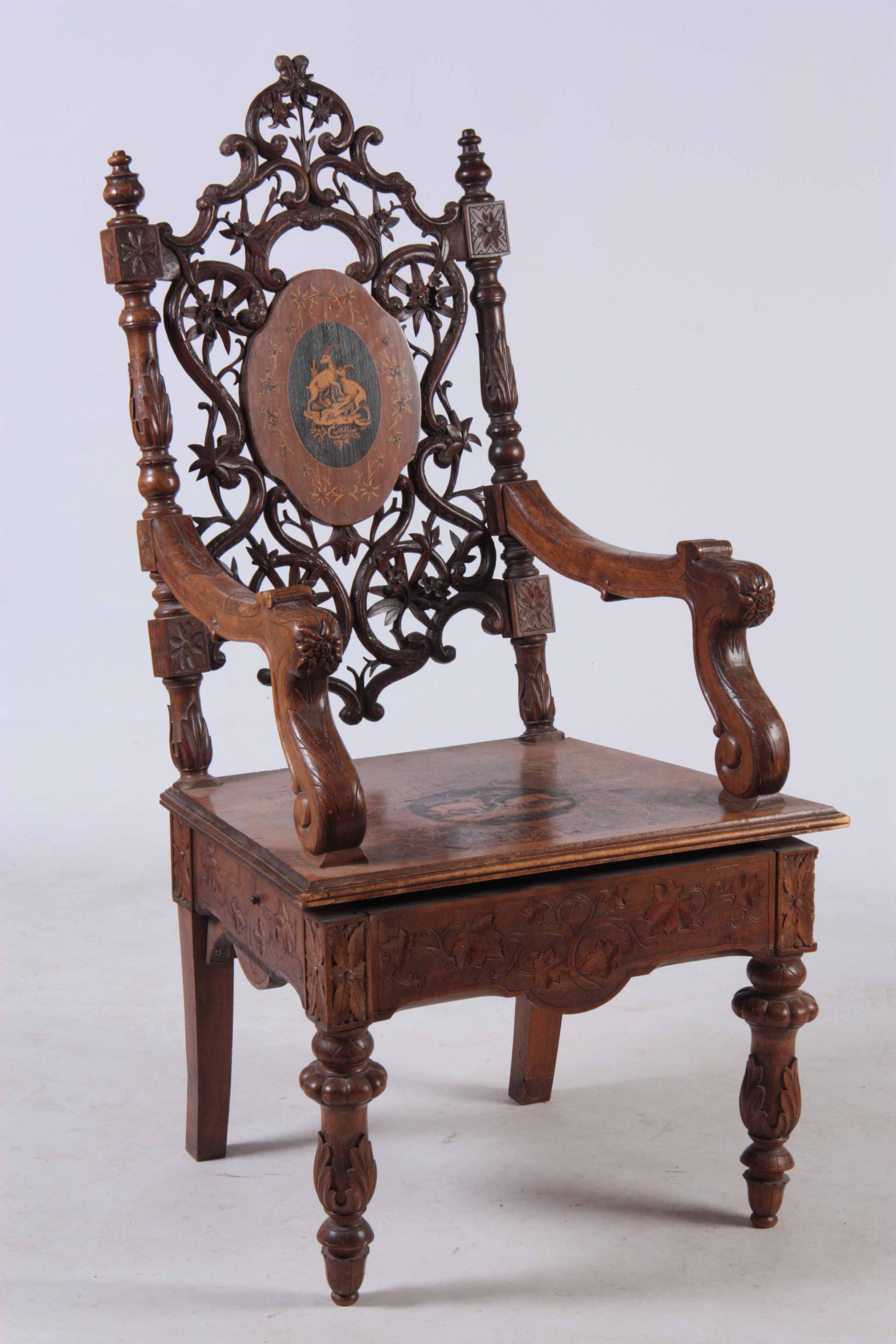 A 19TH CENTURY WALNUT BLACK FOREST MUSICAL ARMCHAIR with marquetry inlaid panels surrounded by - Image 3 of 8
