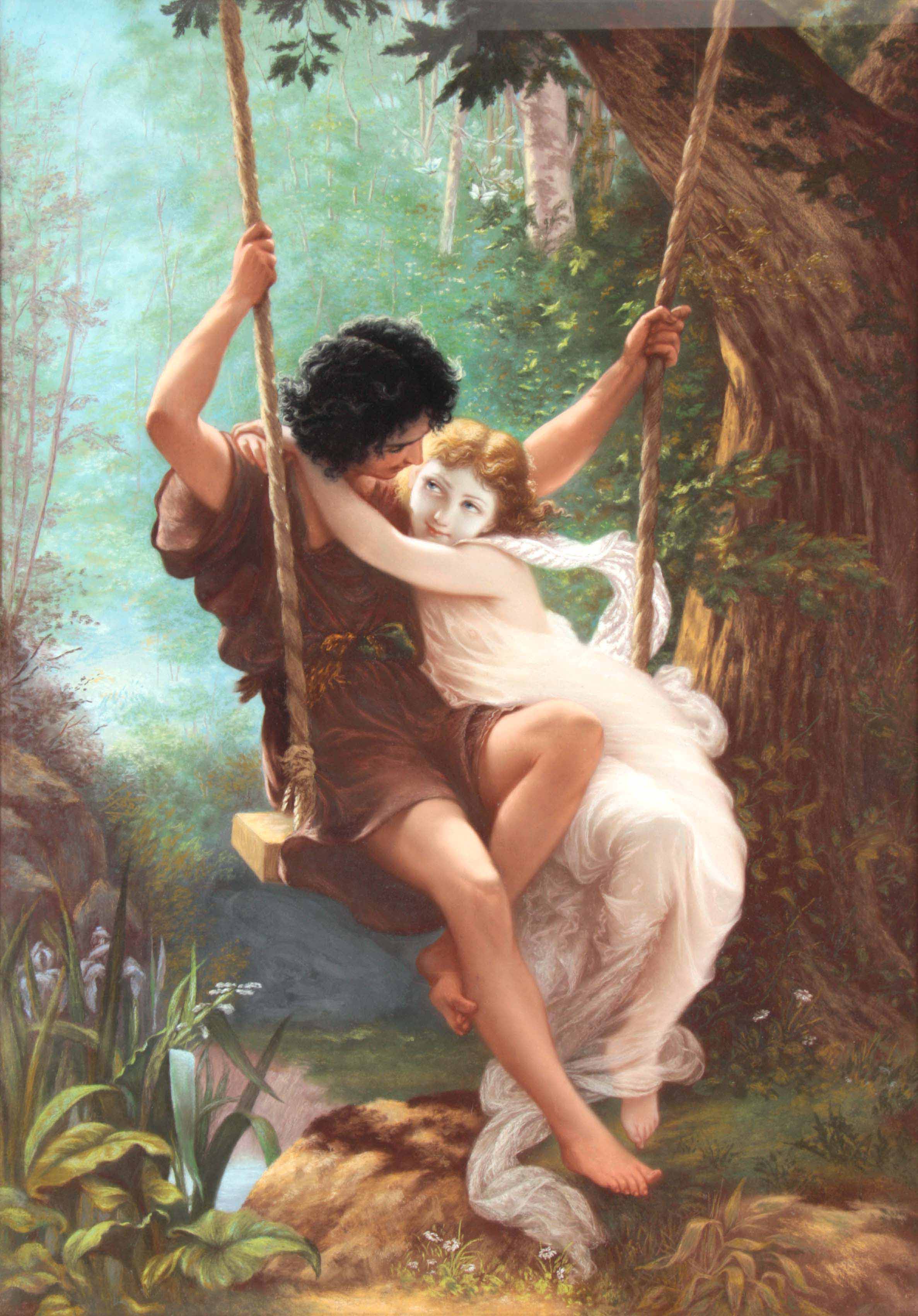 AFTER PIERRE AUGUSTA COT (1837-1883) "THE SWING, SPRINGTIME" PASTEL DRAWING - mounted in a gilt