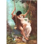 AFTER PIERRE AUGUSTA COT (1837-1883) "THE SWING, SPRINGTIME" PASTEL DRAWING - mounted in a gilt