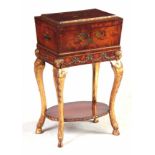 A 19TH CENTURY PAINTED SATINWOOD AND GILT GESSO ADAM STYLE SEWING BOX ON STAND having a moulded