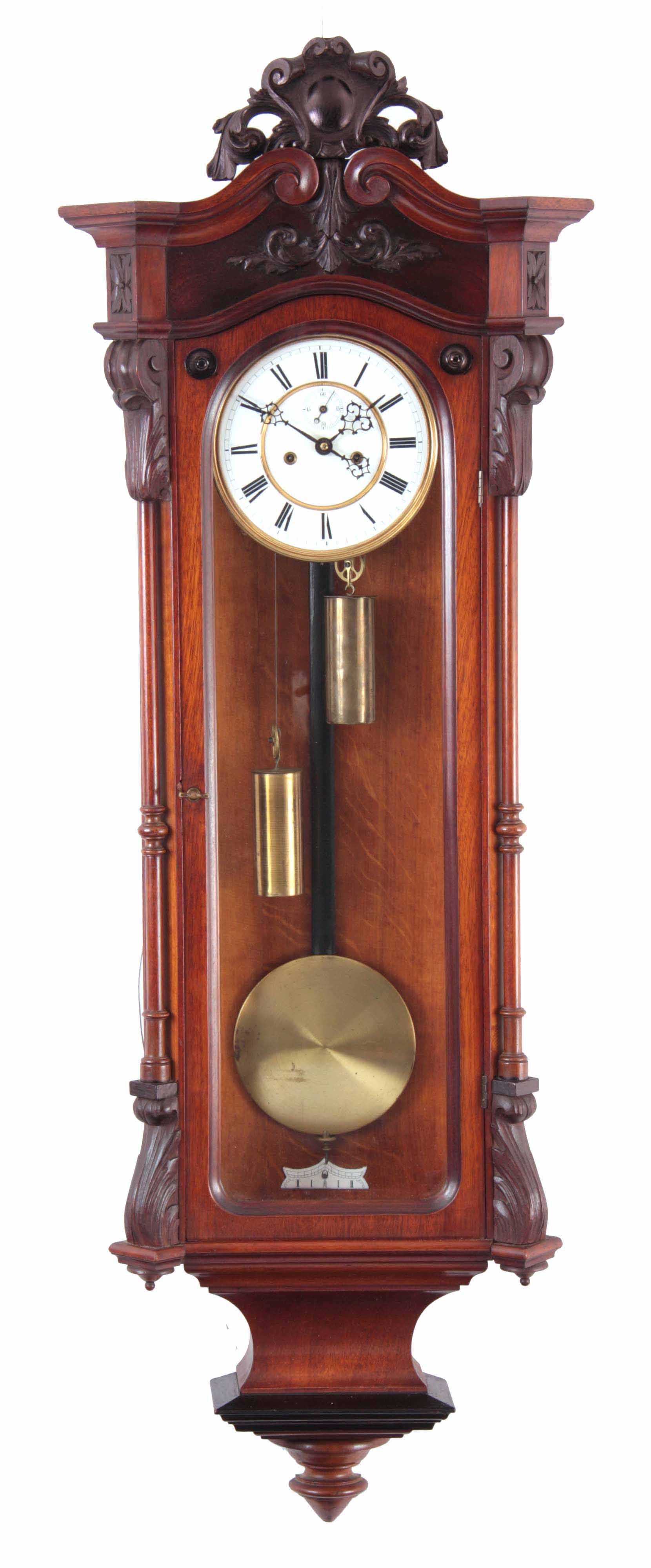 A LATE 19TH CENTURY GERMAN WALNUT VIENNA STYLE WALL CLOCK the case with detachable carved pediment