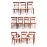 A SET OF 10 REGENCY AND LATER ROSEWOOD BERGERE DINING CHAIRS with carved shaped top rails Bergere