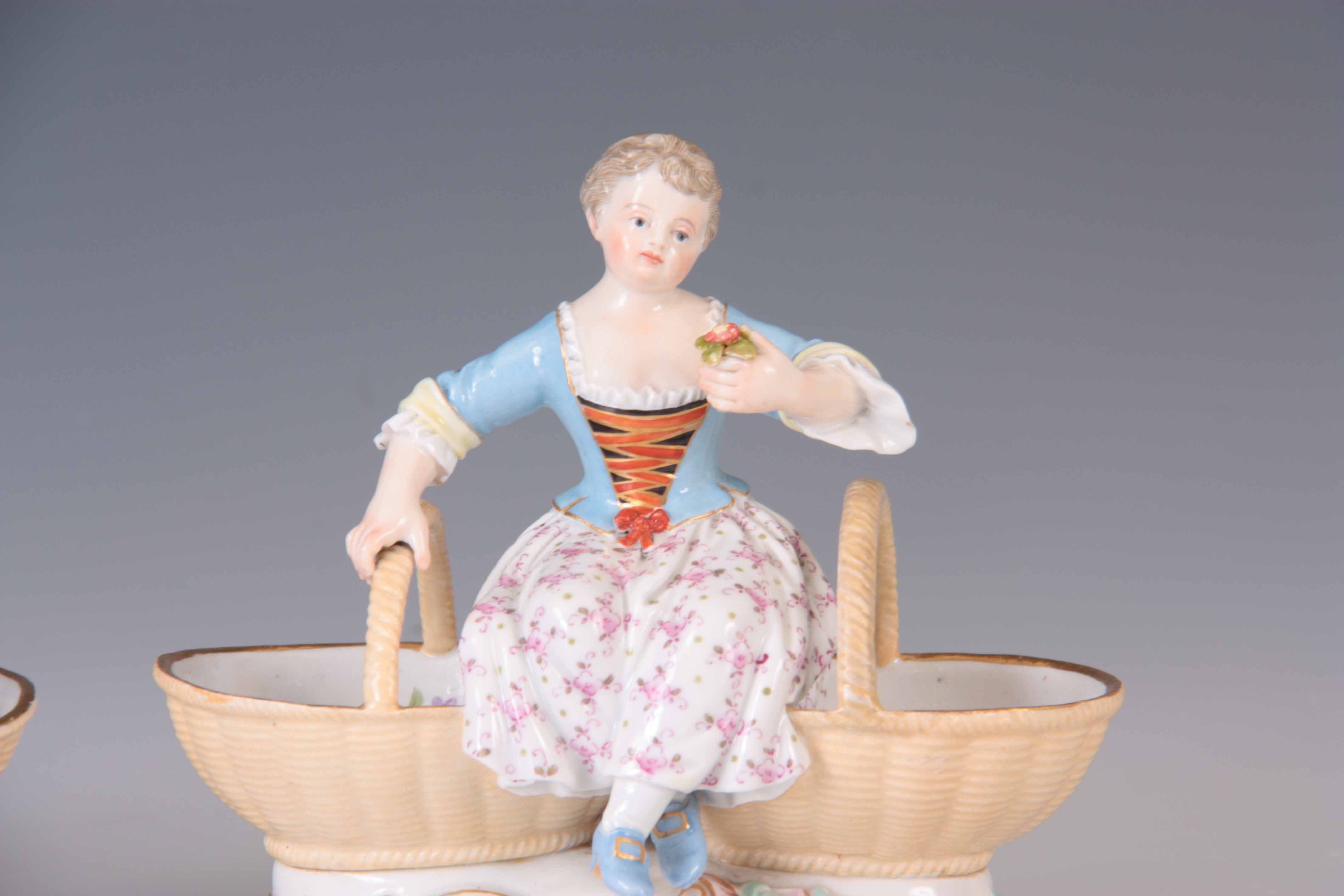 A PAIR OF 19TH CENTURY MEISSEN PORCELAIN TABLE SALTS depicting a young boy and girl sat between - Image 3 of 5