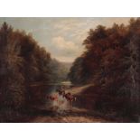 OIL ON CANVAS - A 19TH CENTURY RIVER LANDSCAPE depicting cattle watering and a man on horseback,