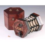 A MID 19TH CENTURY WHEATSTONE CONCERTINA English system with pierced rosewood ends, green leather
