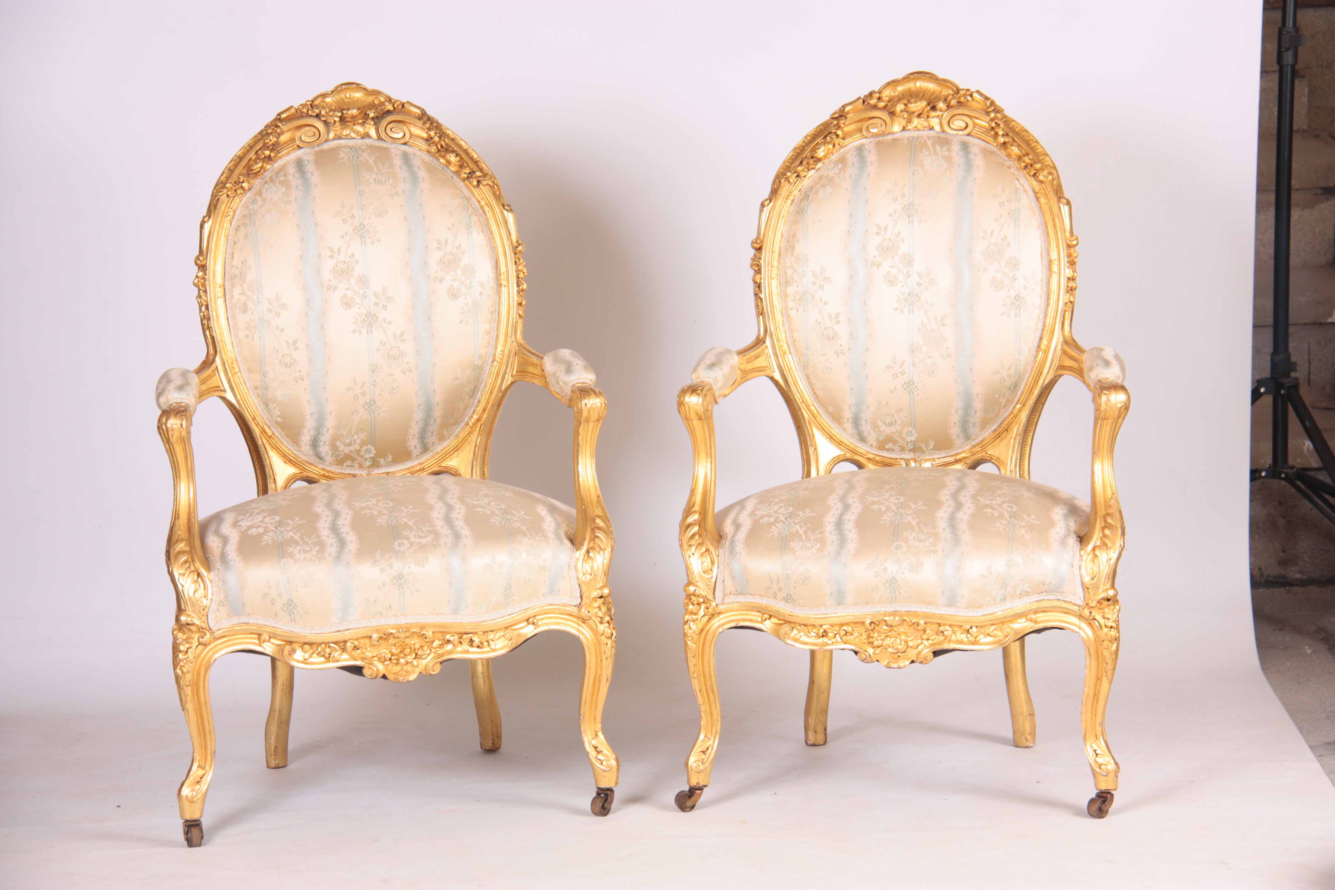 A PAIR OF 19TH CENTURY FRENCH LOUIS XVI GILT GESSO CARVED ARMCHAIRS with flower head carved - Image 2 of 5