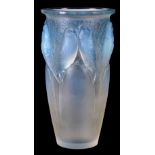 R. LALIQUE AN OPALESCENT CEYLAN VASE with blue staining - impressed R.Lalique 24.5cm high.