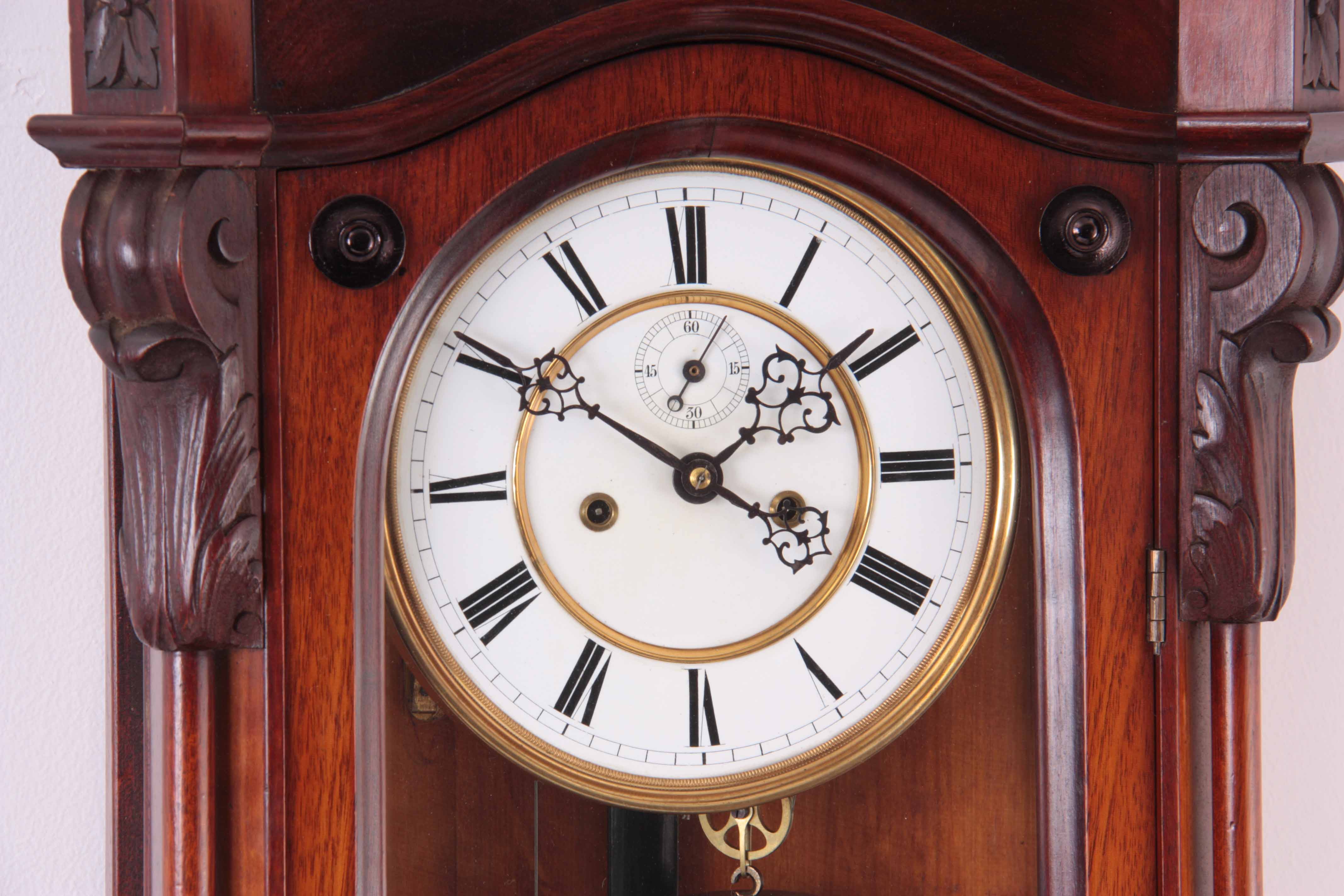 A LATE 19TH CENTURY GERMAN WALNUT VIENNA STYLE WALL CLOCK the case with detachable carved pediment - Image 2 of 8