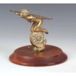 AN EARLY 20th CENTURY BRONZE CAR MASCOT modelled as a kneeling winged naked figure on a wheel,