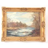 ARCHIBALD KAY R.S.A. SCOTTISH 1860-1935. OIL ON BOARD. Woodland river scene 28.5cm wide, 38.5cm wide