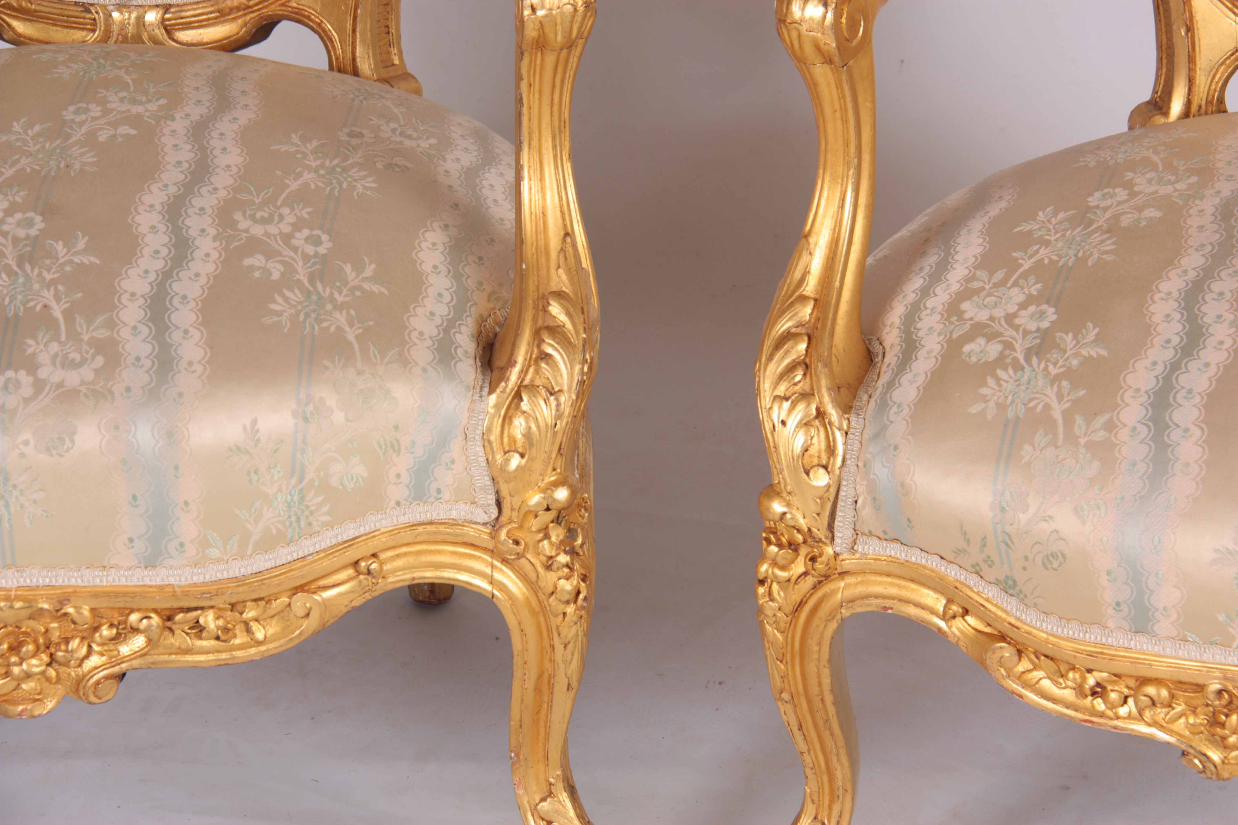 A PAIR OF 19TH CENTURY FRENCH LOUIS XVI GILT GESSO CARVED ARMCHAIRS with flower head carved - Image 4 of 5