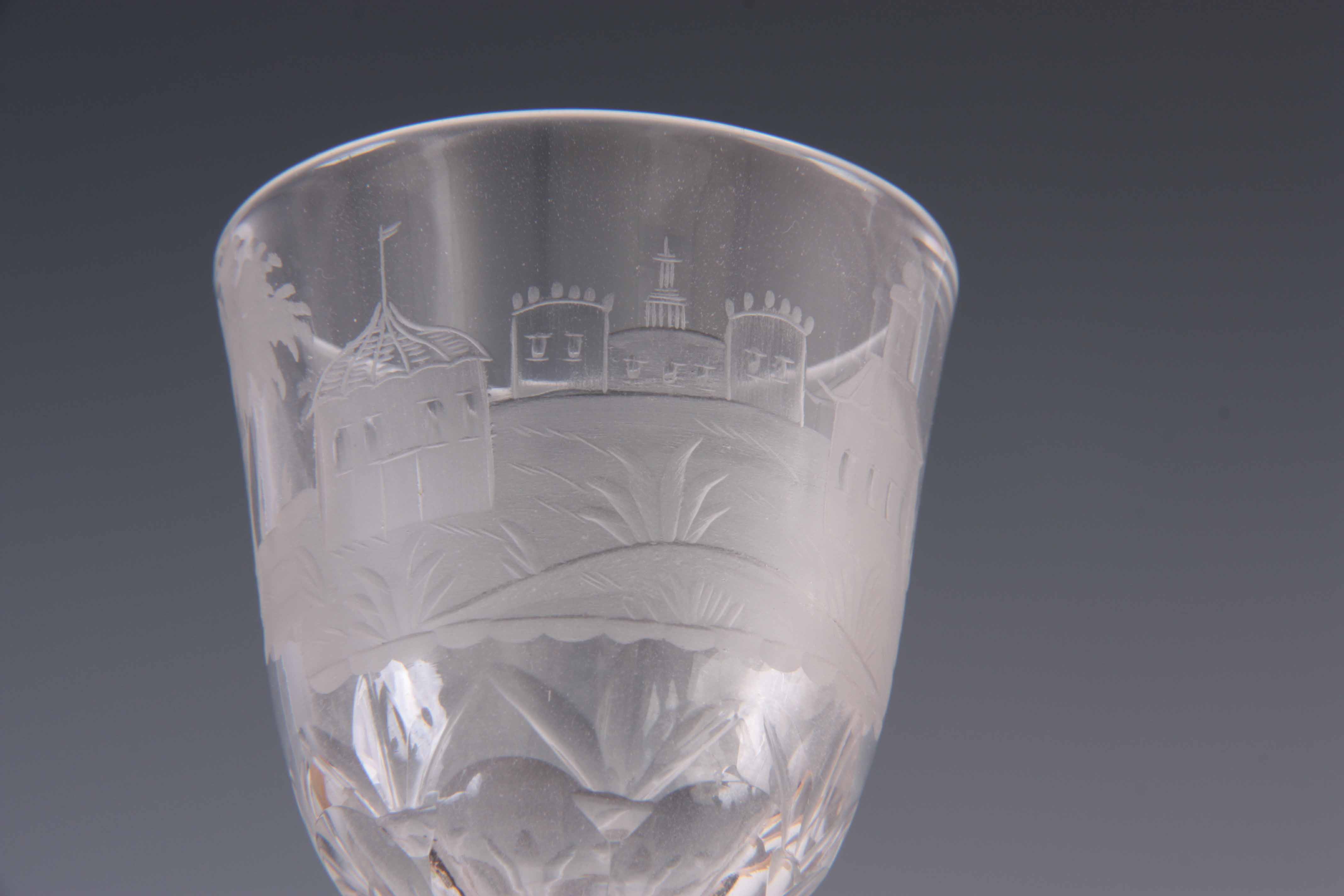 A SET OF THREE GEORGIAN ENGLISH WINE GLASSES with unusual etched scenes depicting Chinese pagodas in - Image 5 of 7