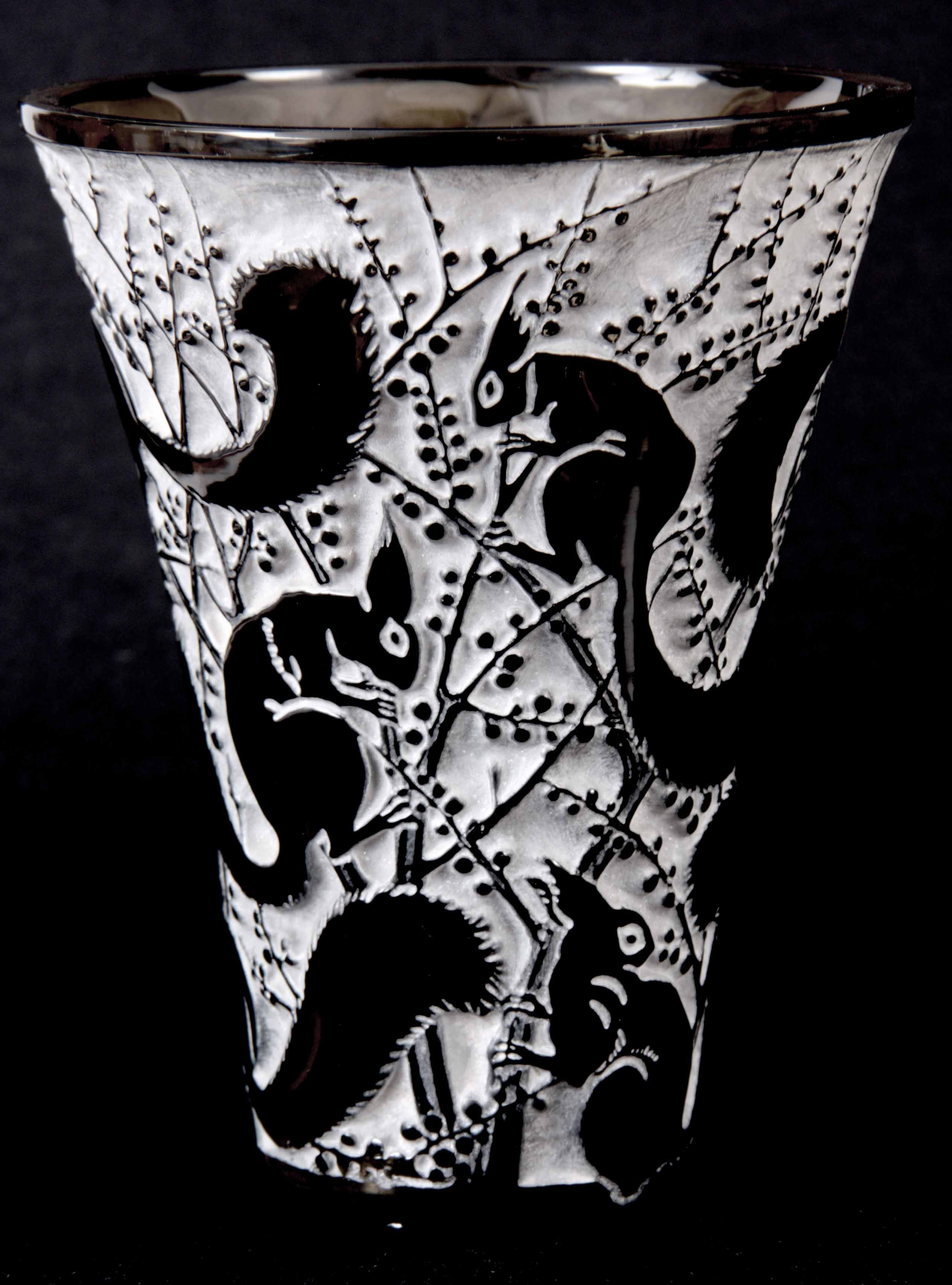 R. LALIQUE SENART GLASS VASE decorated with squirrels, topaz coloured highlighted with white