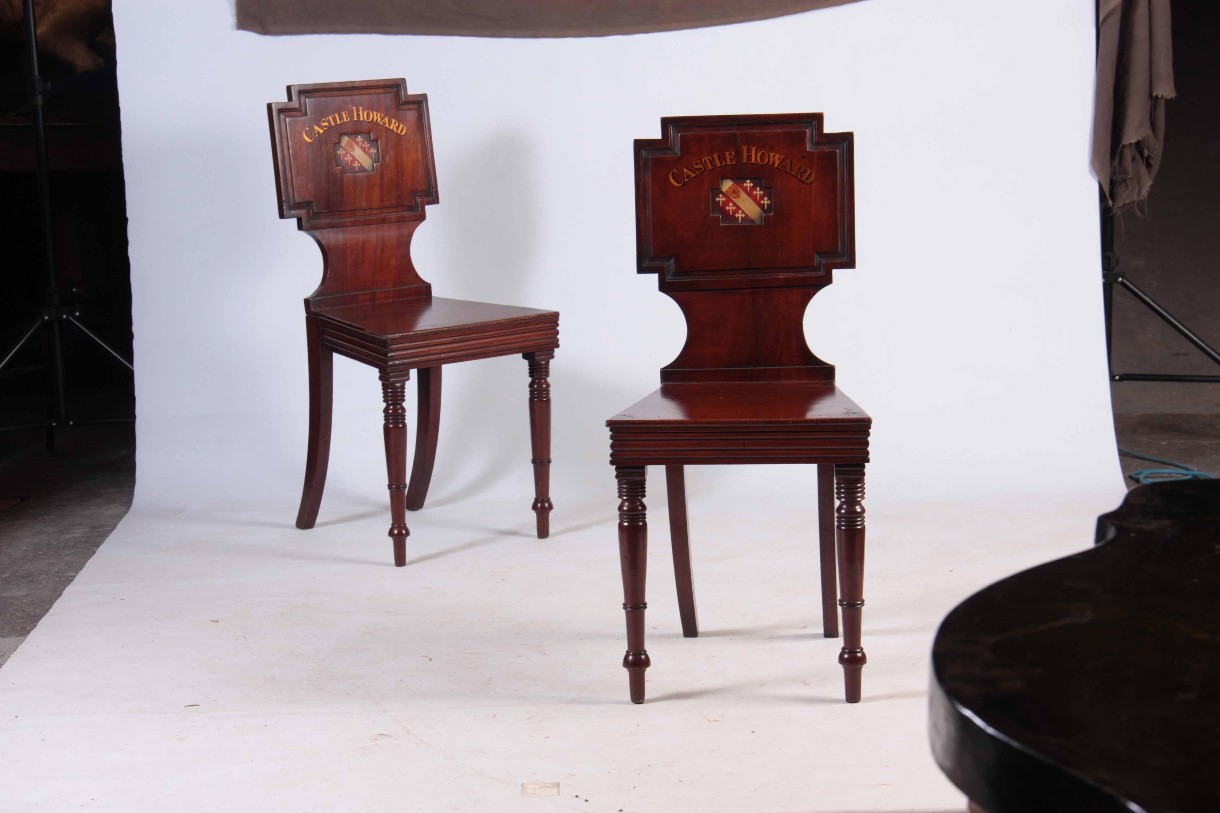 A PAIR OF LATE GEORGIAN MAHOGANY HALL CHAIRS with painted backs reading Castle Howard with coats - Image 8 of 9