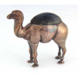 AN EDWARDIAN NOVELTY SILVER PIN CUSHION formed as a standing camel with the original blue velvet
