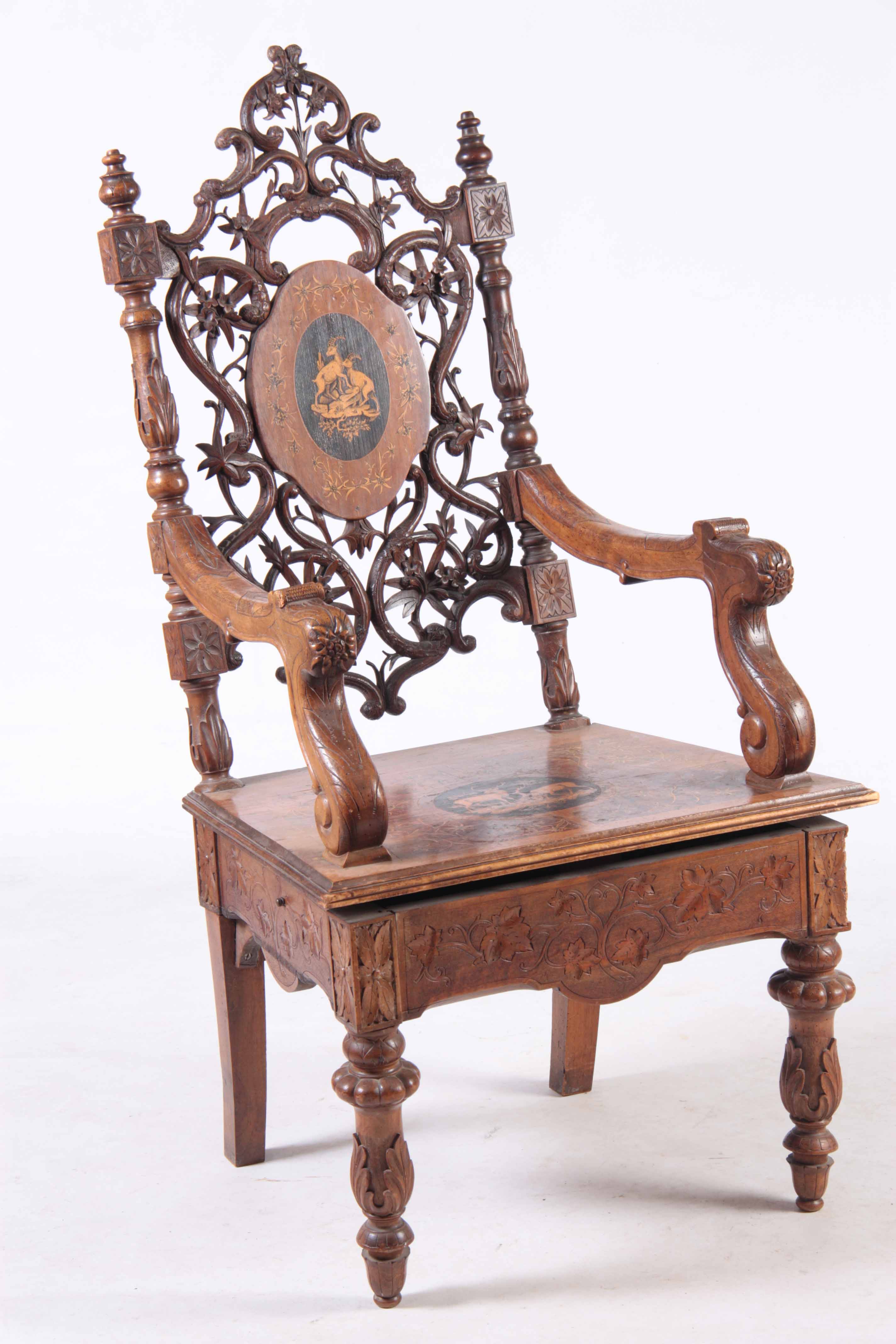 A 19TH CENTURY WALNUT BLACK FOREST MUSICAL ARMCHAIR with marquetry inlaid panels surrounded by - Image 2 of 8