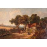 ATT. GEORGE TURNER. OIL ON CANVAS. A 19TH Century cottage landscape 59cm high, 90cm wide - in gilt