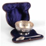 A 19TH CENTURY SILVER CHRISTENING SET BY ELKINGTON & CO comprising of a footed bowl and spoon, the